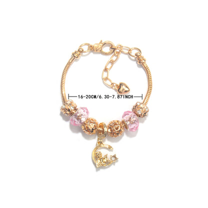 Sweet Style Crystal Rhinestone Gold Star Moon Pendant Cute Pink Bead Bracelet(18cm)