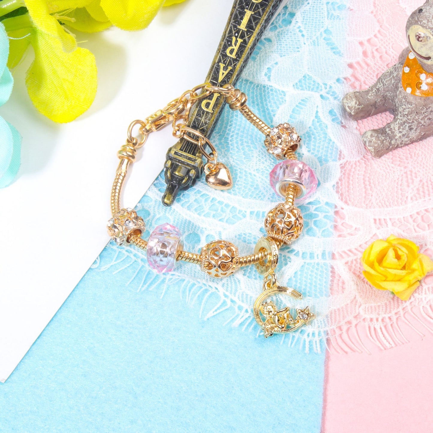 Sweet Style Crystal Rhinestone Gold Star Moon Pendant Cute Pink Bead Bracelet(19cm)