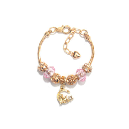 Sweet Style Crystal Rhinestone Gold Star Moon Pendant Cute Pink Bead Bracelet(20cm)