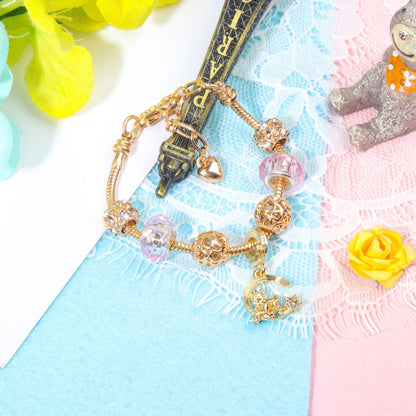 Sweet Style Crystal Rhinestone Gold Star Moon Pendant Cute Pink Bead Bracelet(21cm)