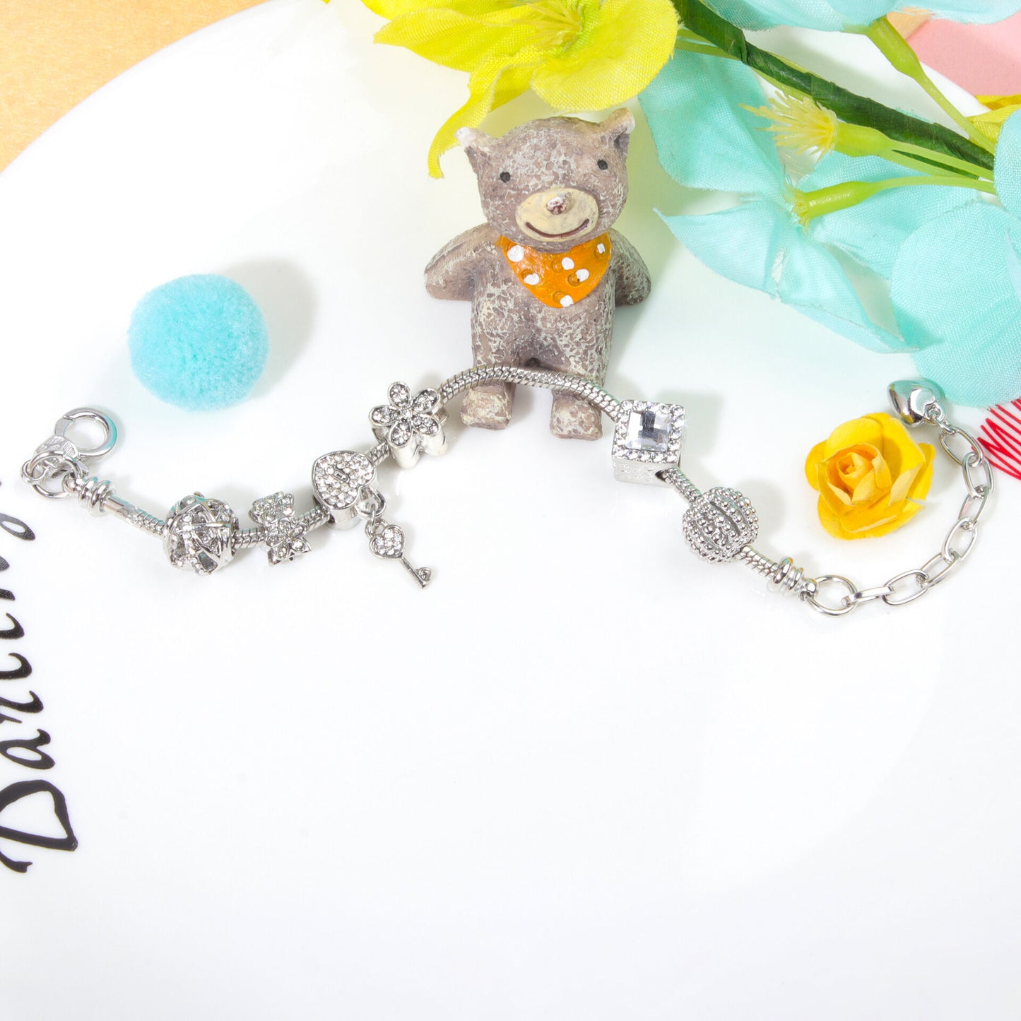 Adjustable Lobster Clasp Bracelet with Zircon Hollow Ball, Square, Flower & Heart Key Charms(16cm)