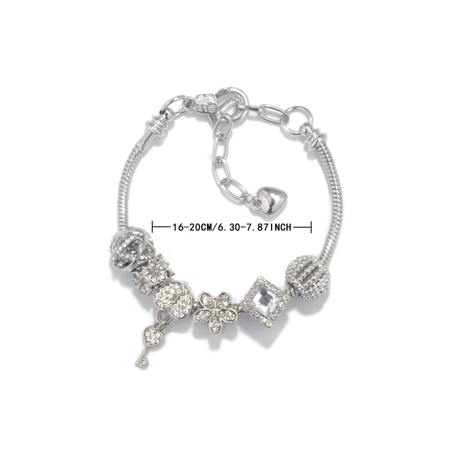 Adjustable Lobster Clasp Bracelet with Zircon Hollow Ball, Square, Flower & Heart Key Charms(16cm)