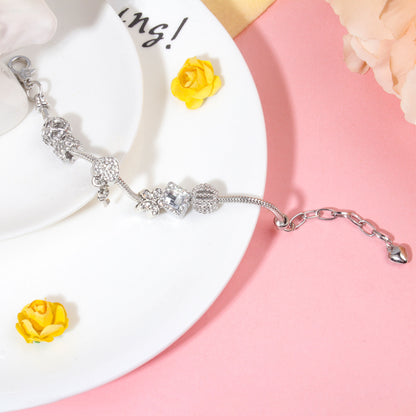 Adjustable Lobster Clasp Bracelet with Zircon Hollow Ball, Square, Flower & Heart Key Charms(19cm)
