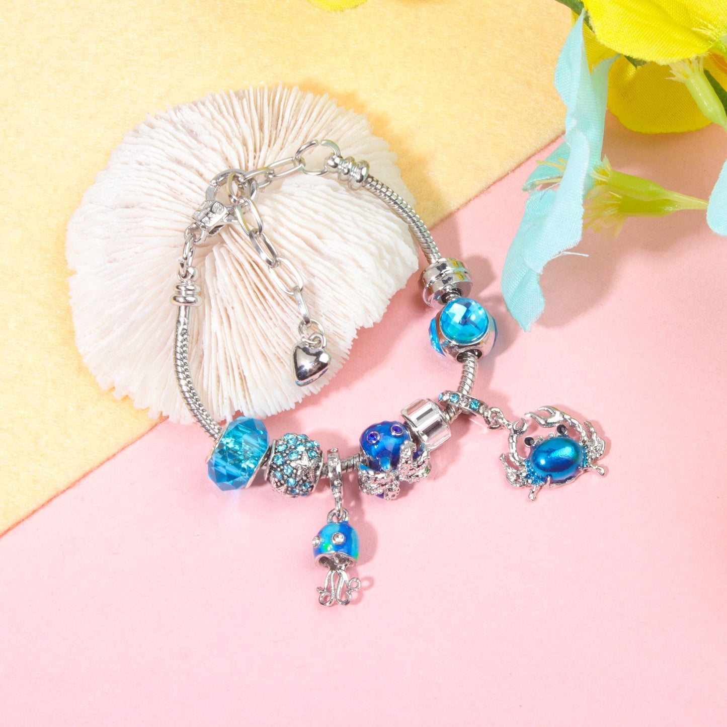 Cartoon Ocean Theme Bracelet with Octopus, Jellyfish, Crab Charms & Crystal Rhinestone Beads(19cm)