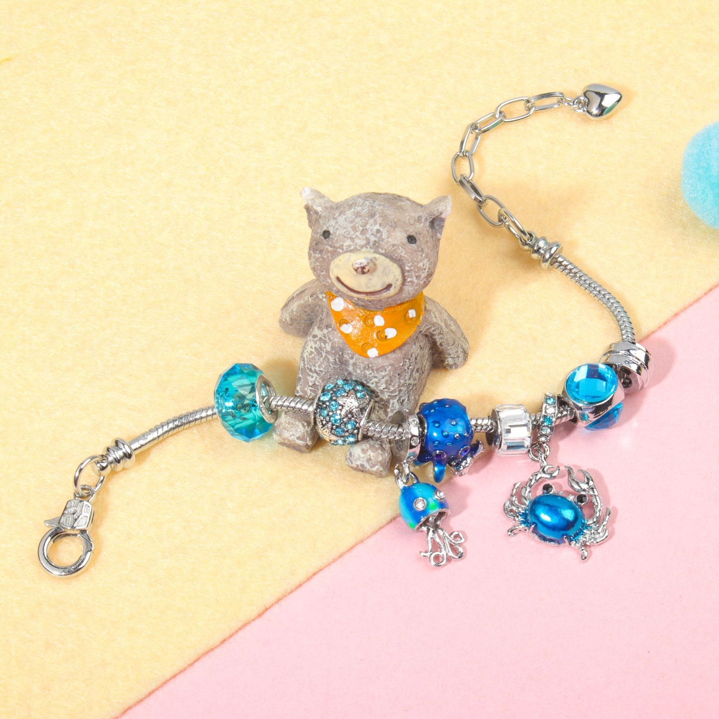 Cartoon Ocean Theme Bracelet with Octopus, Jellyfish, Crab Charms & Crystal Rhinestone Beads(21cm)