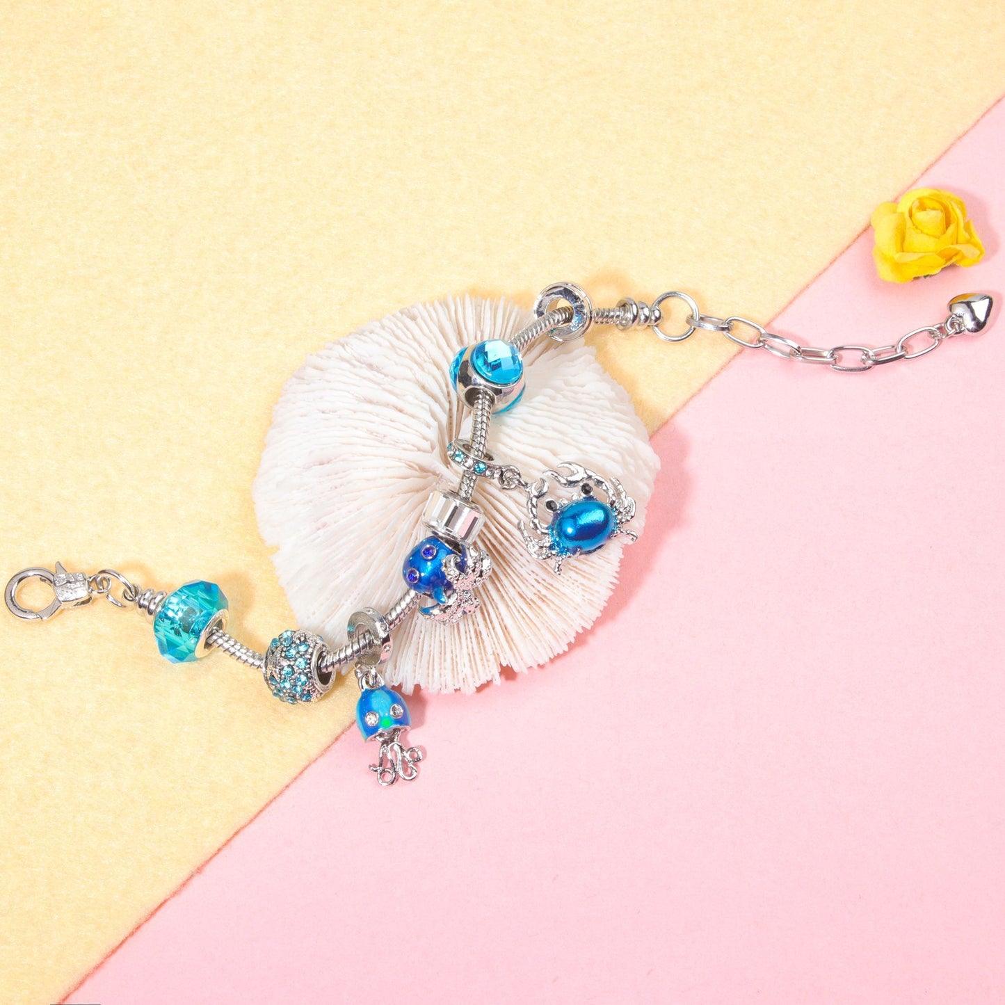 Cartoon Ocean Theme Bracelet with Octopus, Jellyfish, Crab Charms & Crystal Rhinestone Beads(21cm)