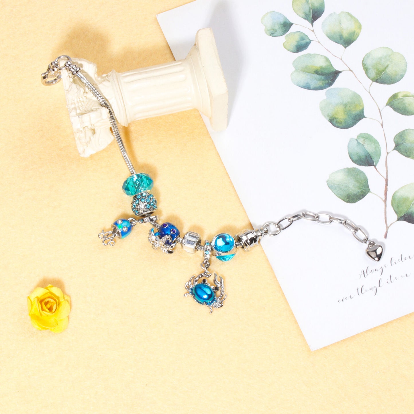 Cartoon Ocean Theme Bracelet with Octopus, Jellyfish, Crab Charms & Crystal Rhinestone Beads(21cm)