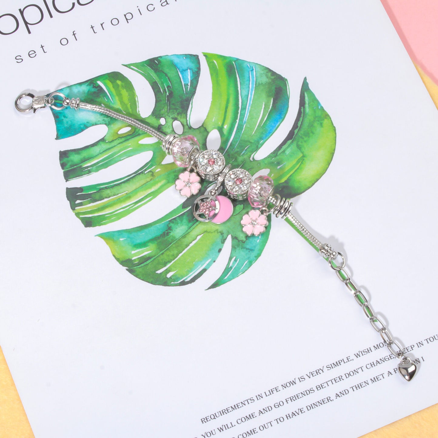 Chic Pink Crystal Beaded Bracelet with Magnolia & Star Pendant(18cm)