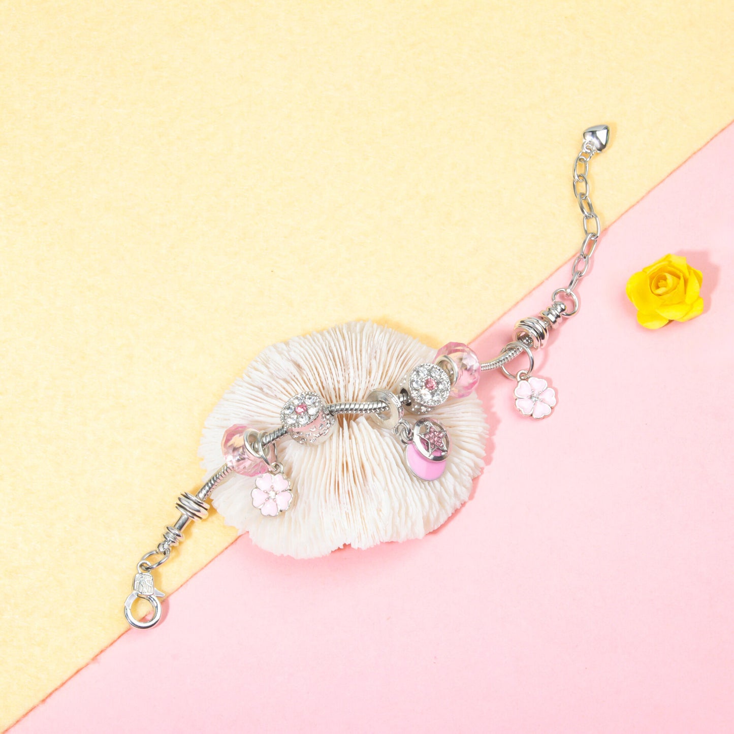Chic Pink Crystal Beaded Bracelet with Magnolia & Star Pendant(18cm)