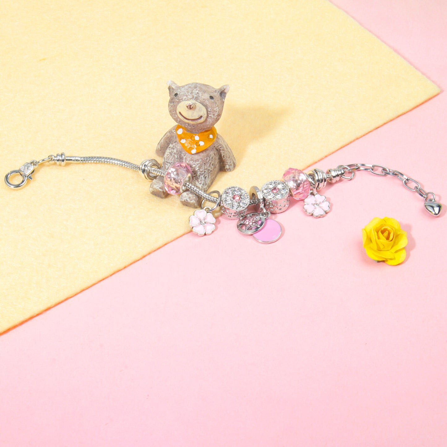 Chic Pink Crystal Beaded Bracelet with Magnolia & Star Pendant(18cm)