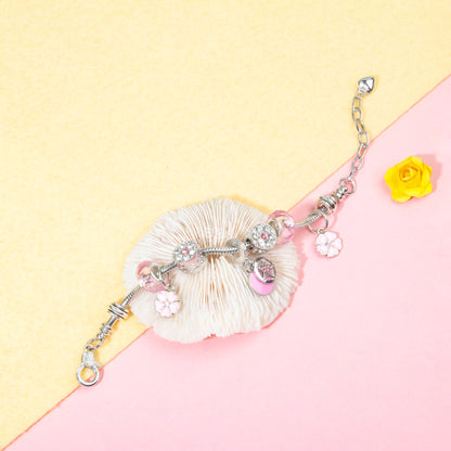 Chic Pink Crystal Beaded Bracelet with Magnolia & Star Pendant(21cm)