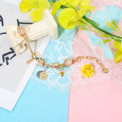 Golden Heart & Bee Charm Bracelet with Rhinestones, Hollow Flower & Gift Box Beads(16cm)