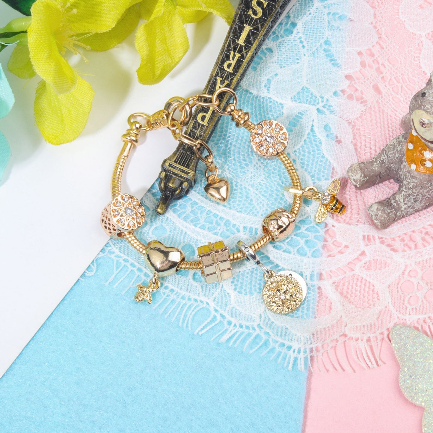 Golden Heart & Bee Charm Bracelet with Rhinestones, Hollow Flower & Gift Box Beads(16cm)