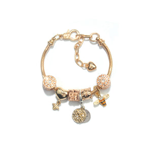 Golden Heart & Bee Charm Bracelet with Rhinestones, Hollow Flower & Gift Box Beads(17cm)