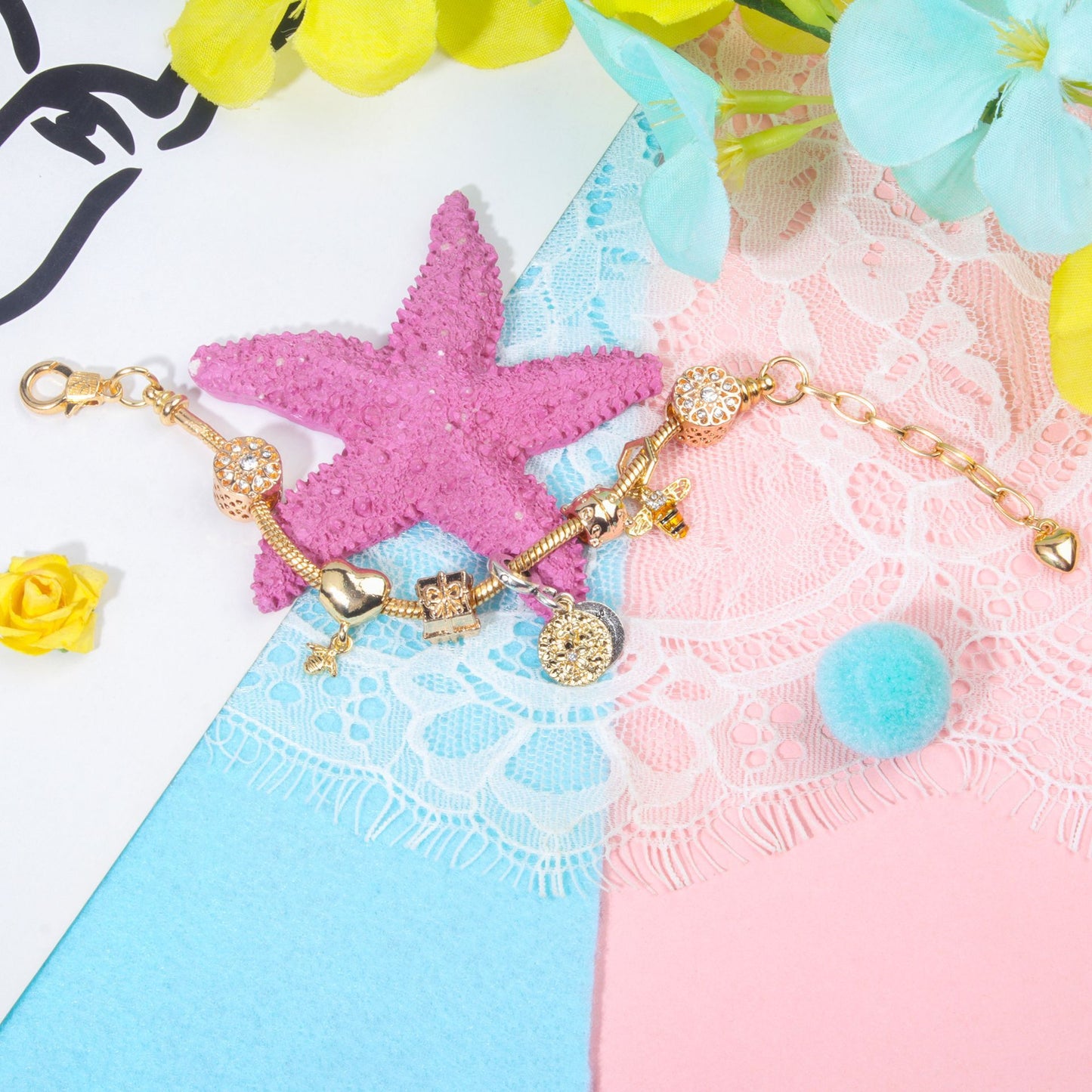 Golden Heart & Bee Charm Bracelet with Rhinestones, Hollow Flower & Gift Box Beads(17cm)
