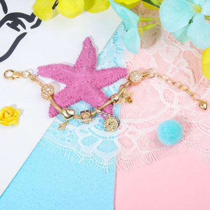 Golden Heart & Bee Charm Bracelet with Rhinestones, Hollow Flower & Gift Box Beads(21cm)