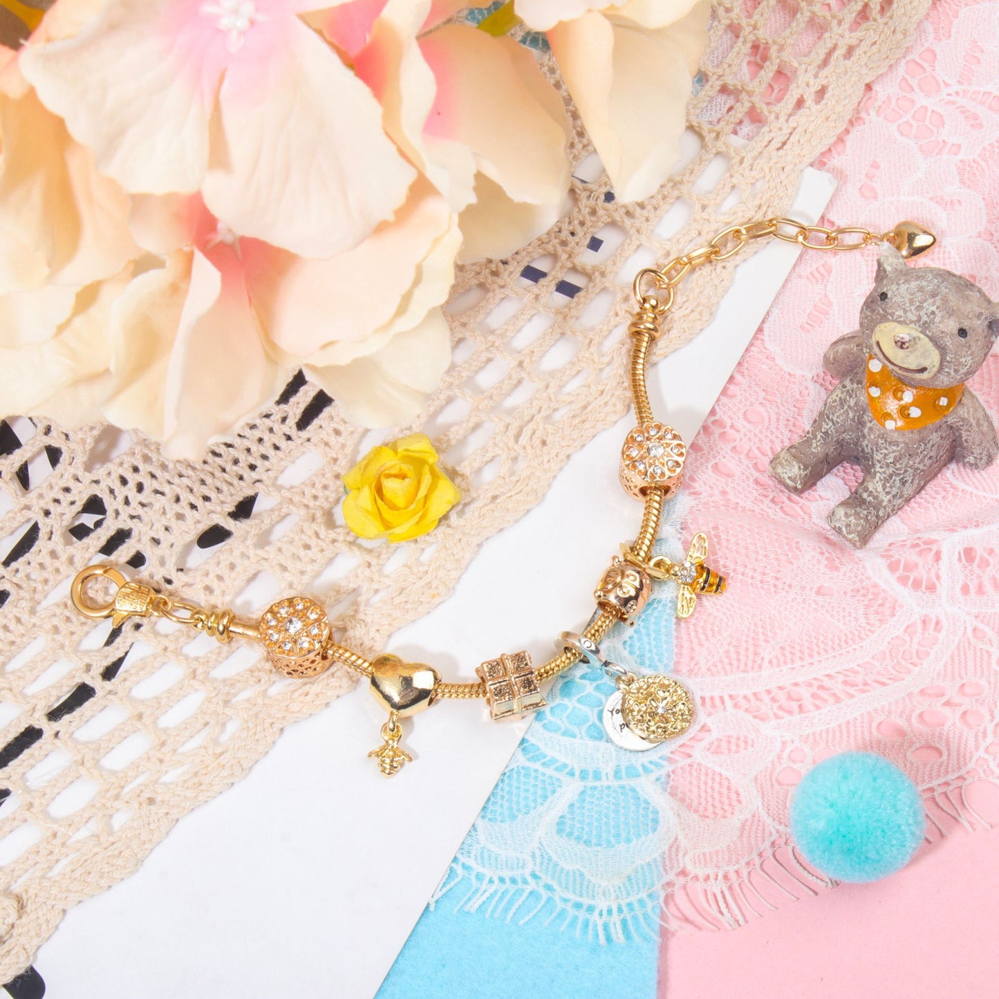 Golden Heart & Bee Charm Bracelet with Rhinestones, Hollow Flower & Gift Box Beads(21cm)