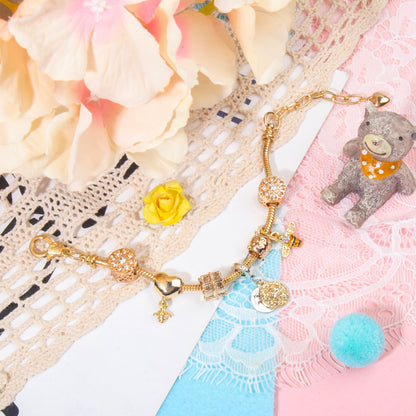 Golden Heart & Bee Charm Bracelet with Rhinestones, Hollow Flower & Gift Box Beads(21cm)