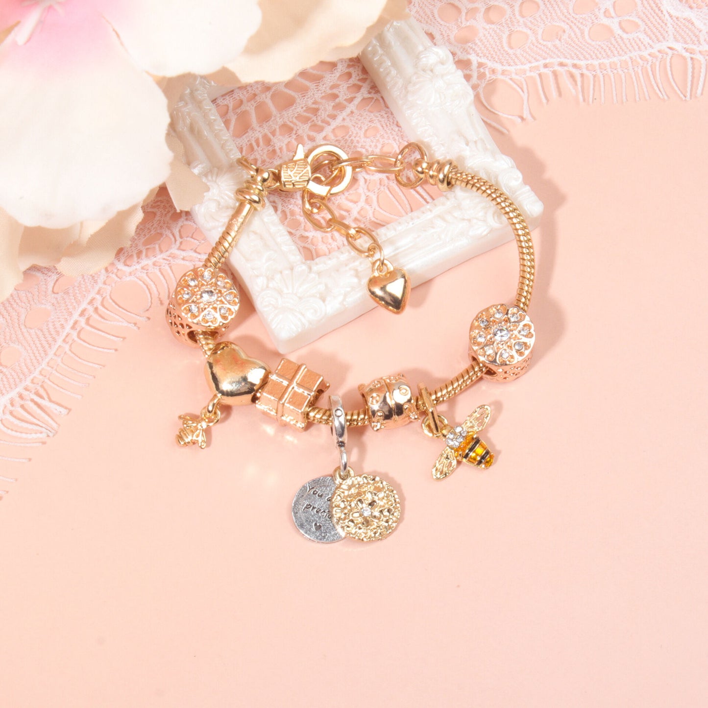 Golden Heart & Bee Charm Bracelet with Rhinestones, Hollow Flower & Gift Box Beads(21cm)