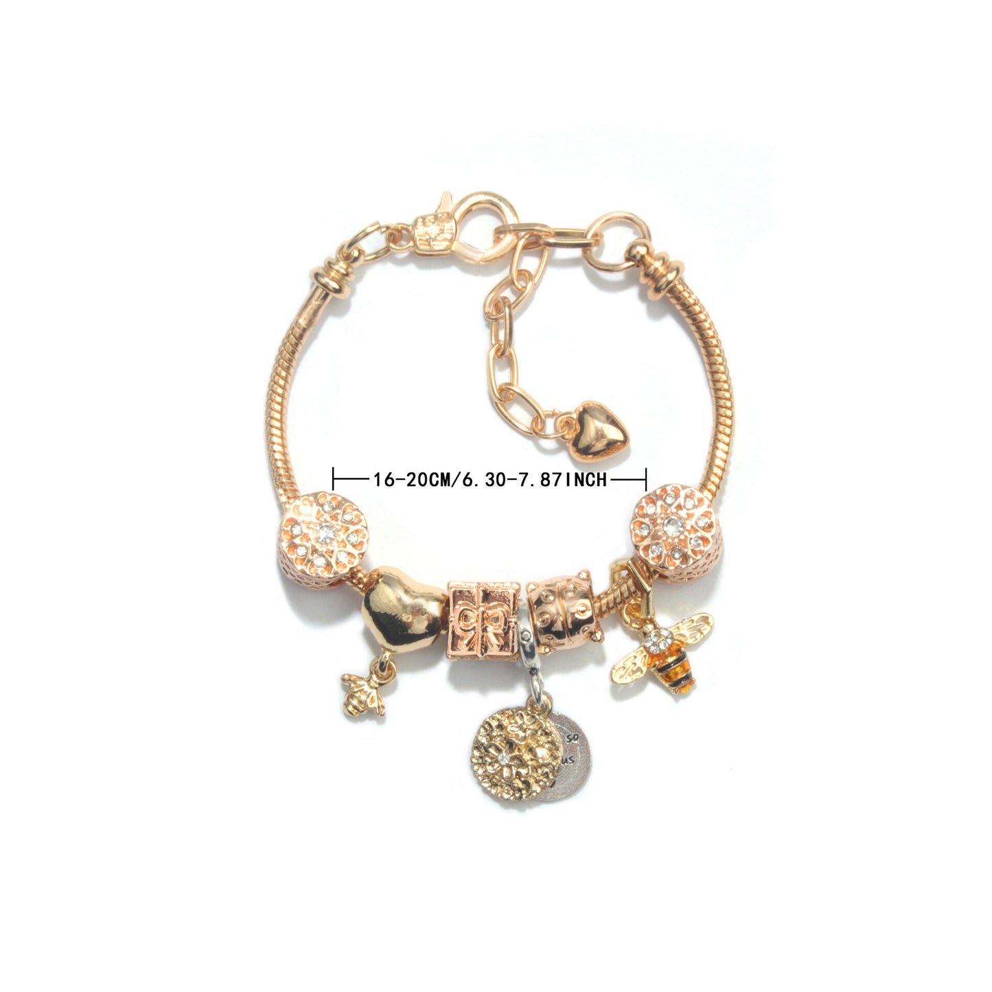 Golden Heart & Bee Charm Bracelet with Rhinestones, Hollow Flower & Gift Box Beads(21cm)