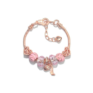 Rose Gold Charm Bracelet with Heart, Crystal, Leaf & Acorn, Colorful Beaded Jewelry for Women(19cm)
