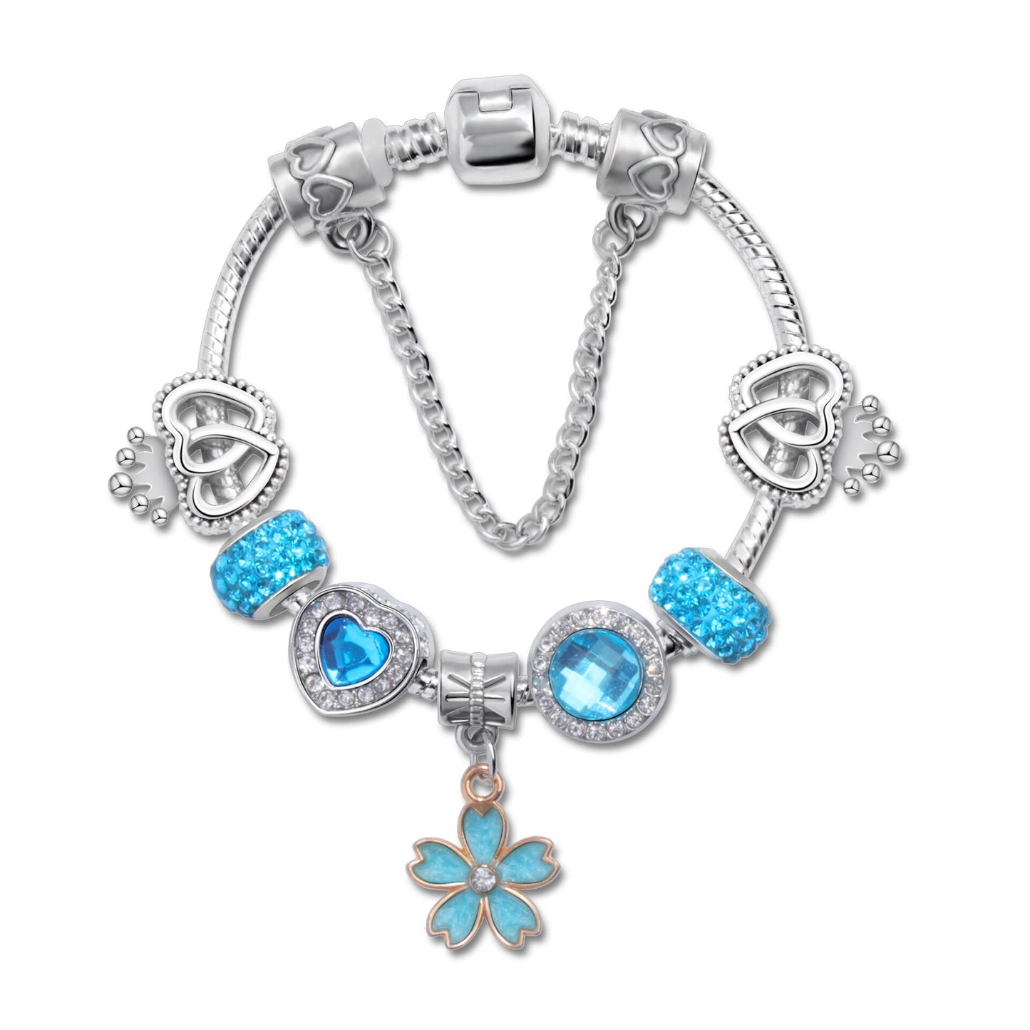 Rhinestone Heart & Crown Bead Bracelet,Fashion Sweet Jewelry for Women(blue-20cm)