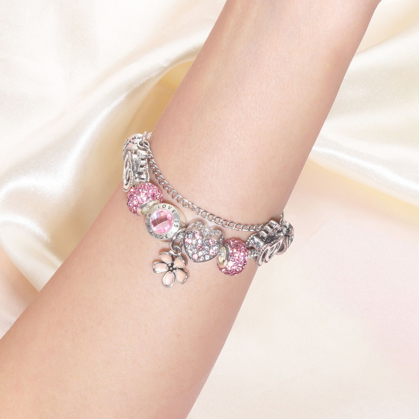 Rhinestone Heart & Crown Bead Bracelet,Fashion Sweet Jewelry for Women(pink-20cm)
