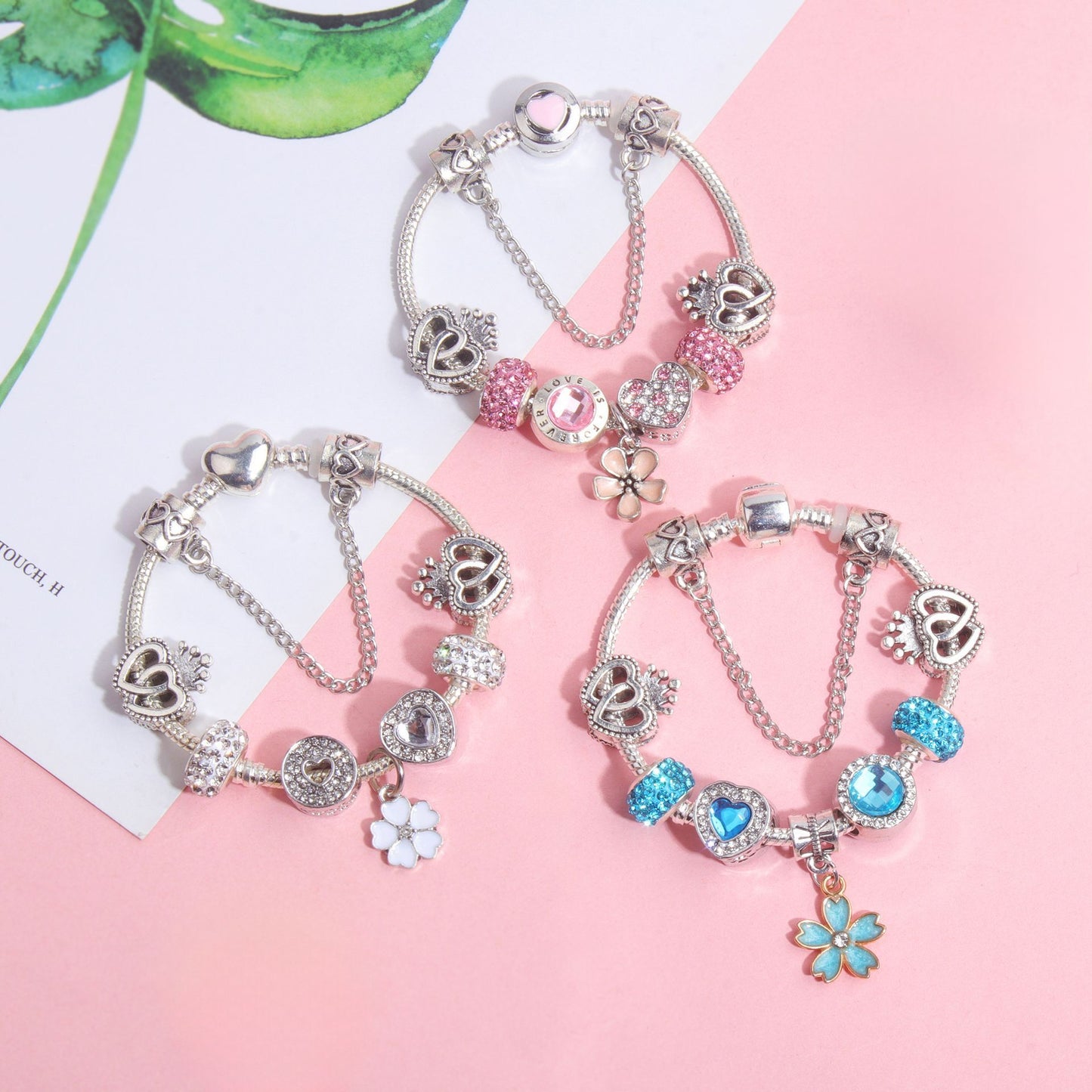 Rhinestone Heart & Crown Bead Bracelet,Fashion Sweet Jewelry for Women(silver-18cm)