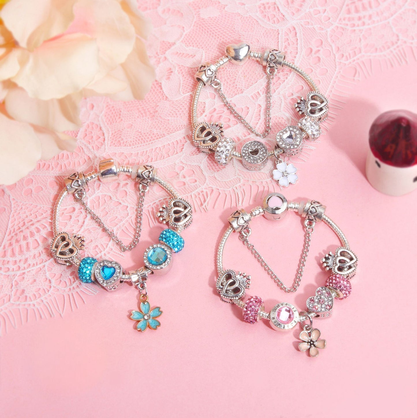 Rhinestone Heart & Crown Bead Bracelet,Fashion Sweet Jewelry for Women(silver-18cm)