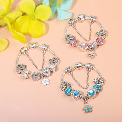 Rhinestone Heart & Crown Bead Bracelet,Fashion Sweet Jewelry for Women(silver-19cm)