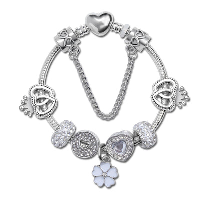Rhinestone Heart & Crown Bead Bracelet,Fashion Sweet Jewelry for Women(silver-20cm)