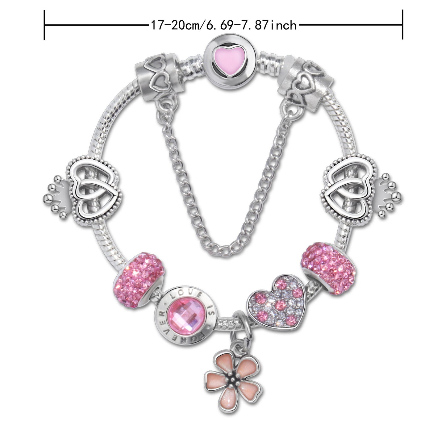 Rhinestone Heart & Crown Bead Bracelet,Fashion Sweet Jewelry for Women(silver-20cm)