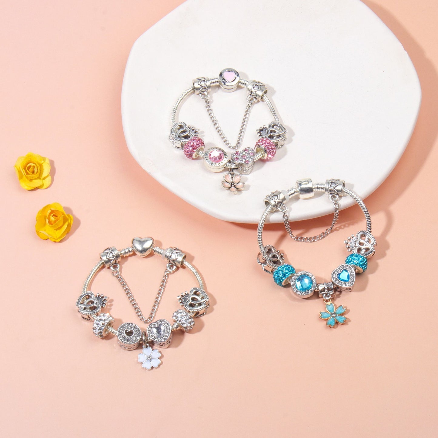 Rhinestone Heart & Crown Bead Bracelet,Fashion Sweet Jewelry for Women(silver-20cm)