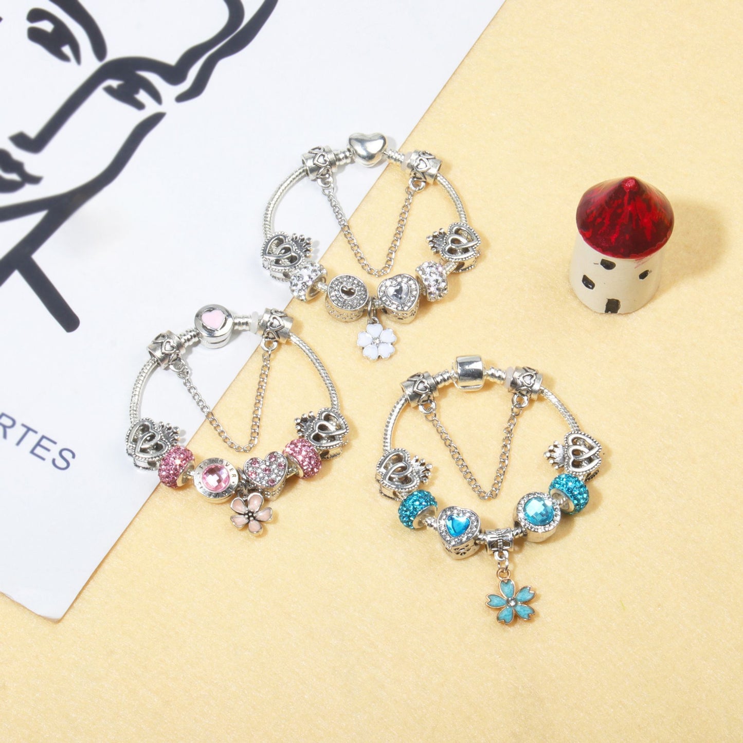 Rhinestone Heart & Crown Bead Bracelet,Fashion Sweet Jewelry for Women(silver-20cm)