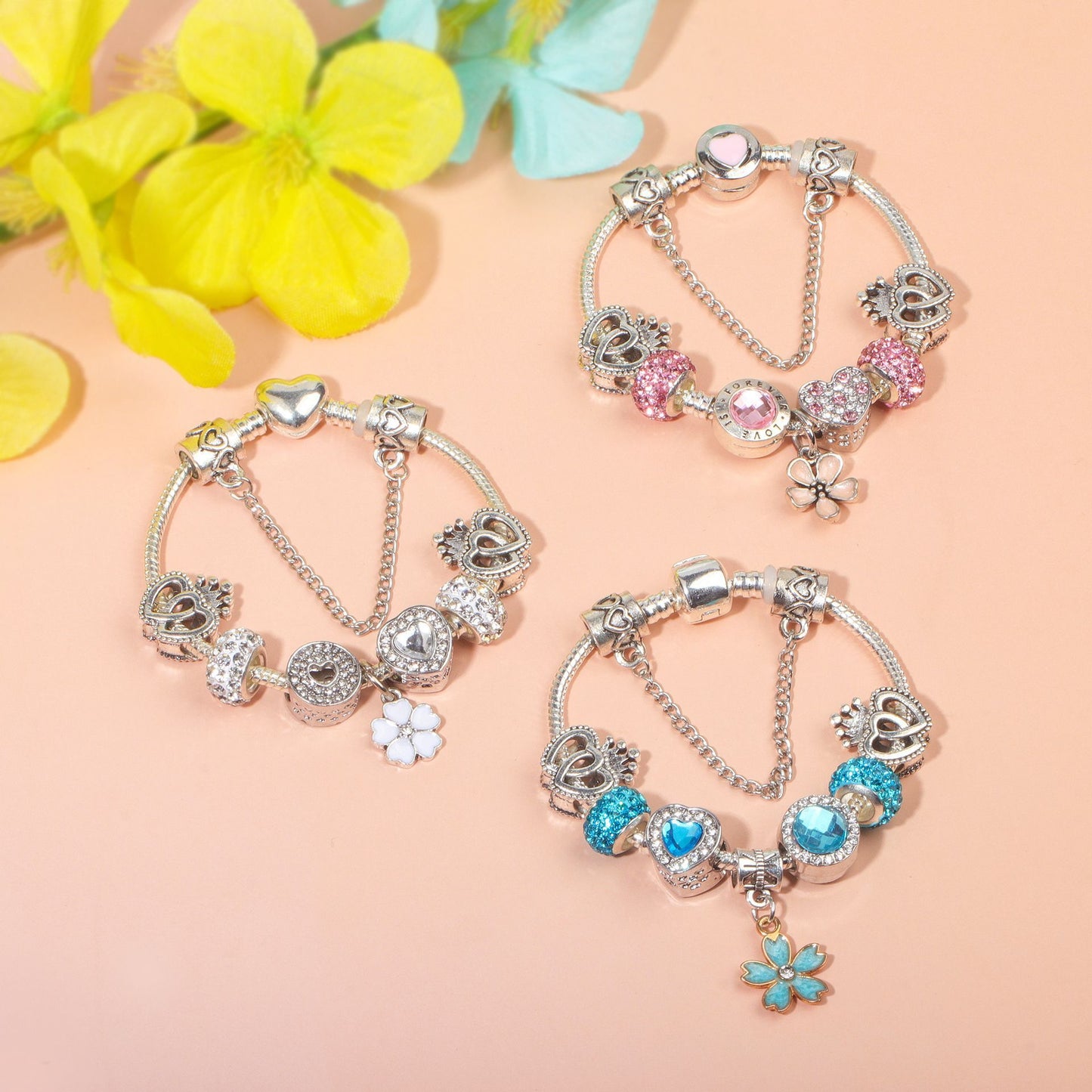 Rhinestone Heart & Crown Bead Bracelet,Fashion Sweet Jewelry for Women(silver-20cm)