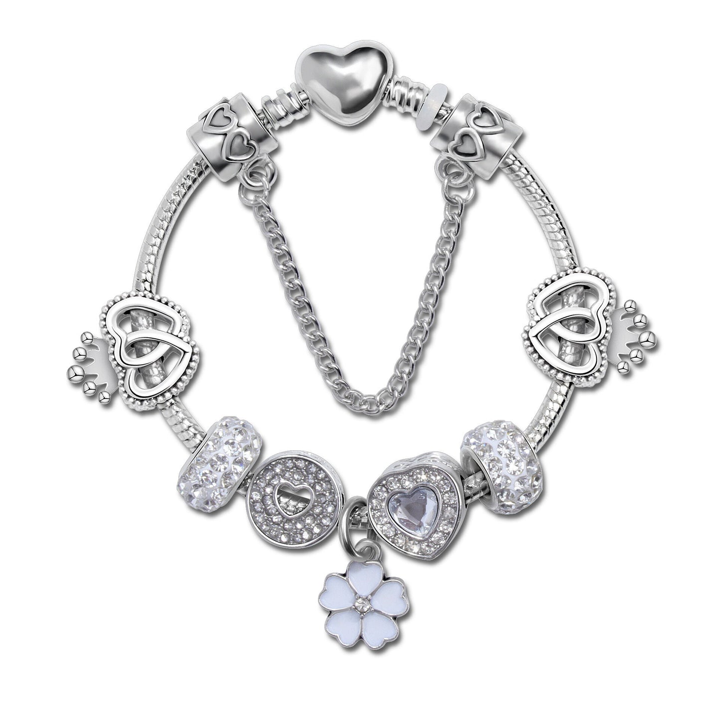 Rhinestone Heart & Crown Bead Bracelet,Fashion Sweet Jewelry for Women(silver-21cm)