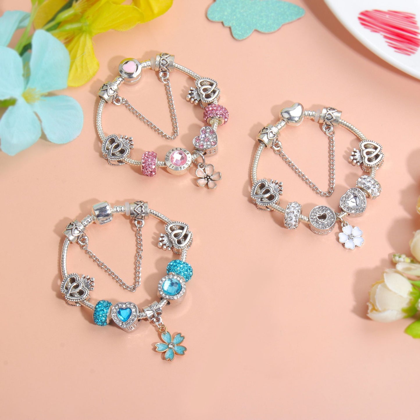 Rhinestone Heart & Crown Bead Bracelet,Fashion Sweet Jewelry for Women(silver-21cm)