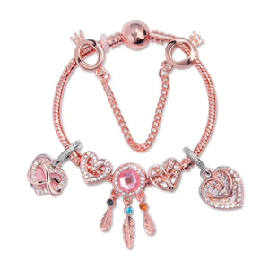 Rose Gold Bracelet with Pink Heart Charms & Crystal Rhinestones(17cm)