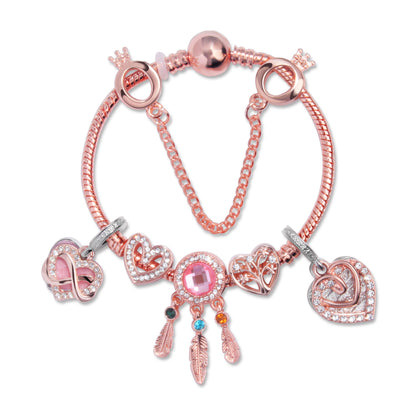 Rose Gold Bracelet with Pink Heart Charms & Crystal Rhinestones(17cm)