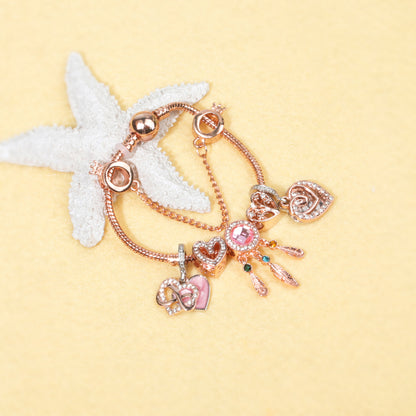 Rose Gold Bracelet with Pink Heart Charms & Crystal Rhinestones(17cm)