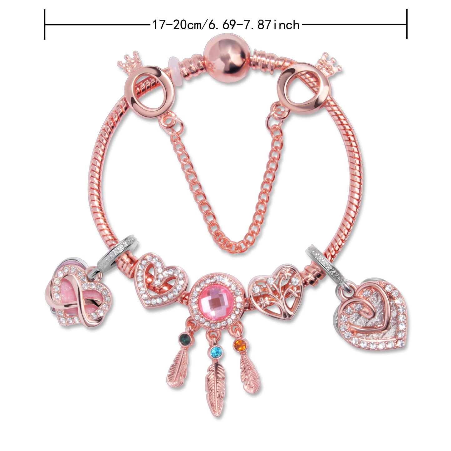 Rose Gold Bracelet with Pink Heart Charms & Crystal Rhinestones(18cm)