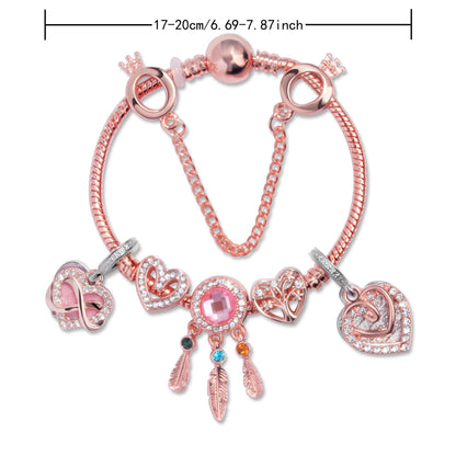 Rose Gold Bracelet with Pink Heart Charms & Crystal Rhinestones(18cm)