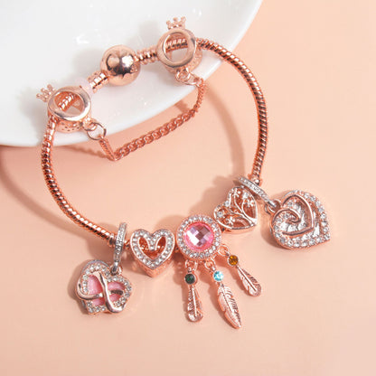 Rose Gold Bracelet with Pink Heart Charms & Crystal Rhinestones(19cm)