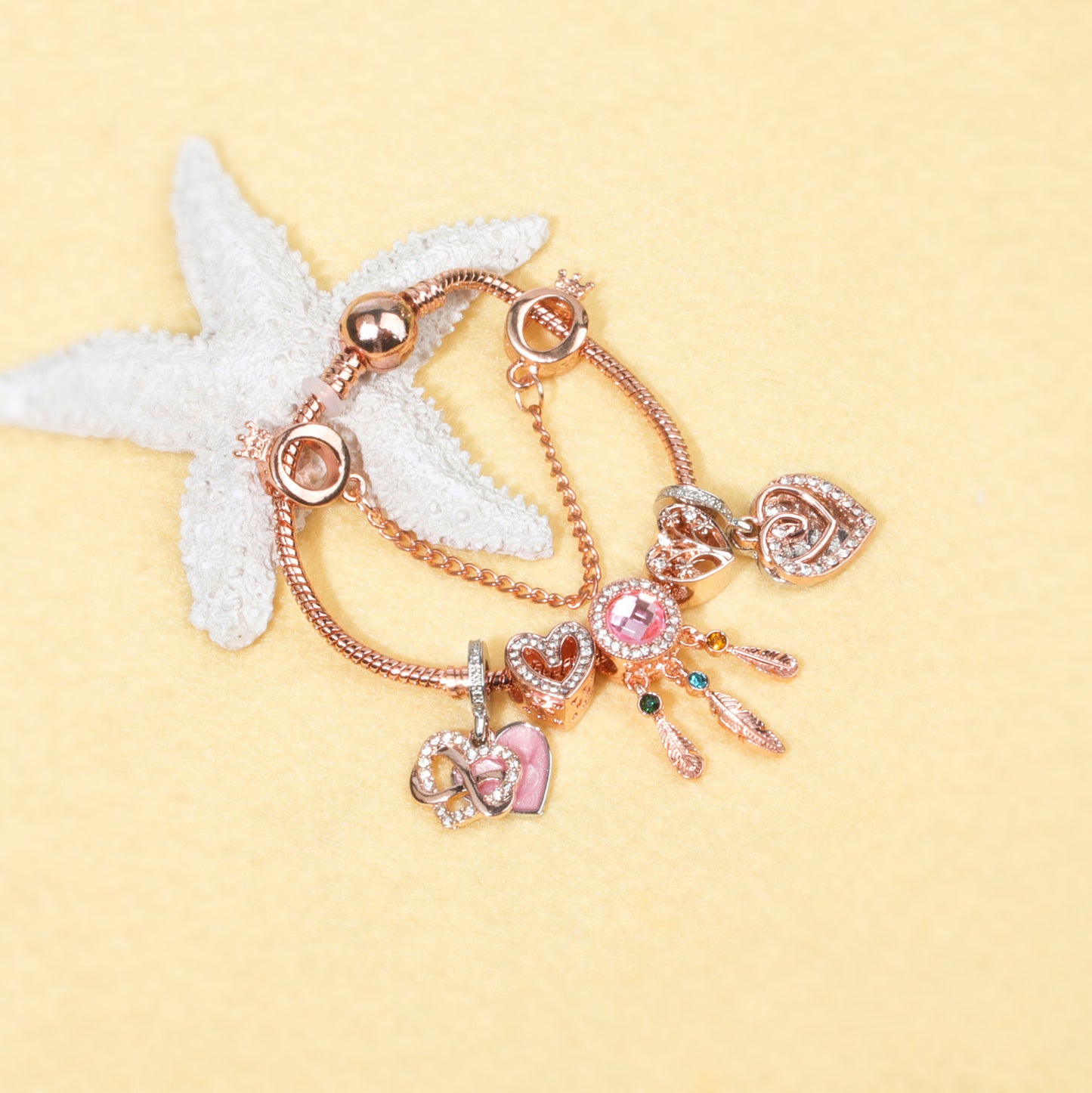 Rose Gold Bracelet with Pink Heart Charms & Crystal Rhinestones(19cm)