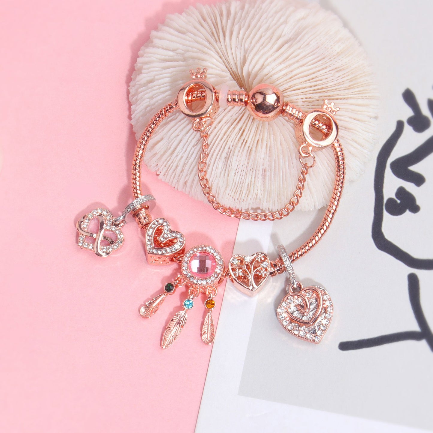 Rose Gold Bracelet with Pink Heart Charms & Crystal Rhinestones(19cm)