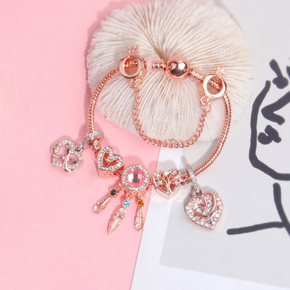 Rose Gold Bracelet with Pink Heart Charms & Crystal Rhinestones(19cm)