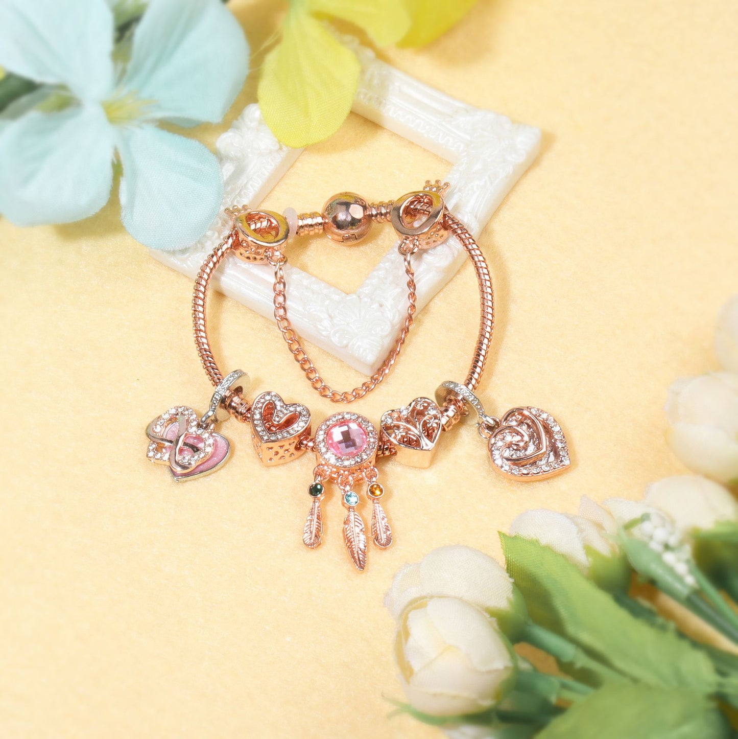 Rose Gold Bracelet with Pink Heart Charms & Crystal Rhinestones(19cm)