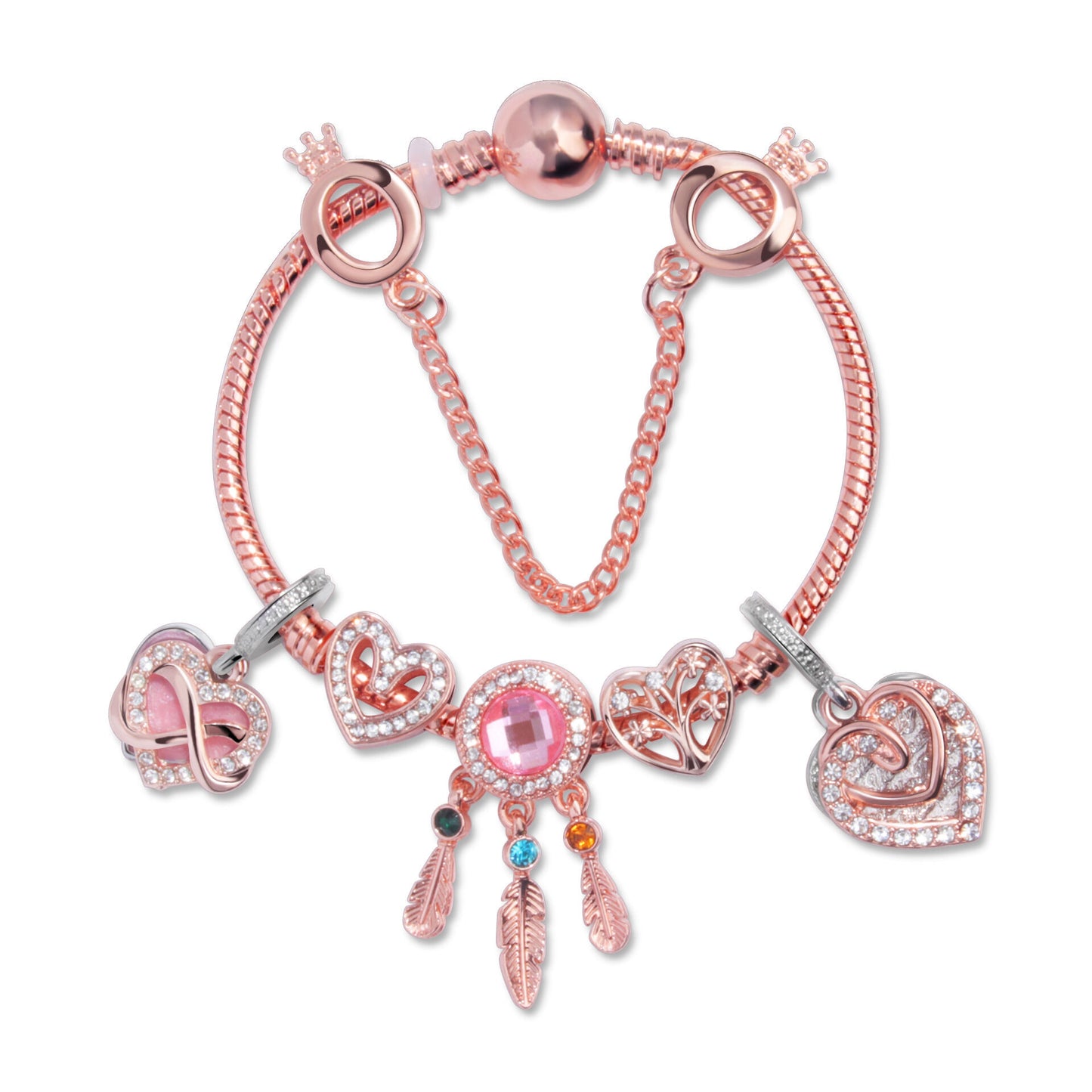 Rose Gold Bracelet with Pink Heart Charms & Crystal Rhinestones(20cm)