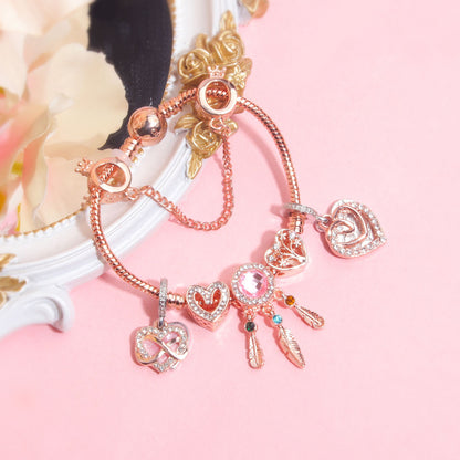 Rose Gold Bracelet with Pink Heart Charms & Crystal Rhinestones(20cm)