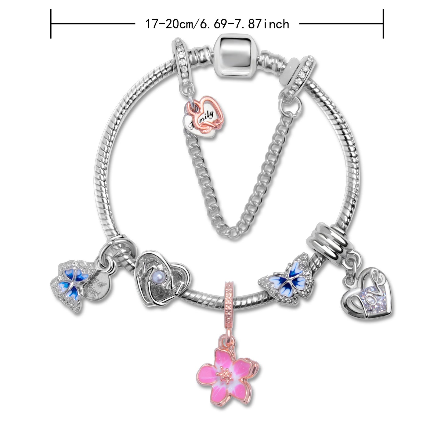 Blue Butterfly Glass Bead & Pink Flower Pendant Charm Bracelet(18cm)
